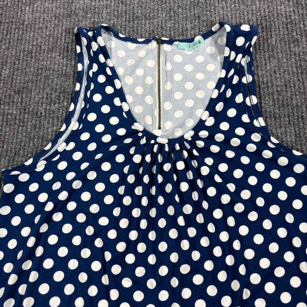 P.S. Kate Tank Top Women L Blue Polka Dot Sleeveless Zip‎ Back Pleated Blouse